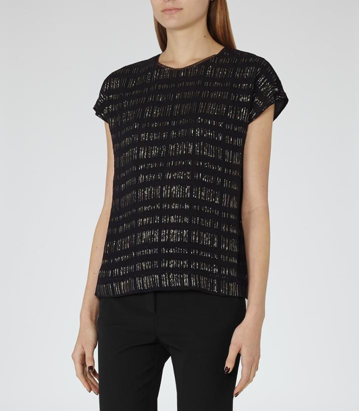 Reiss Beau - Womens Metallic-detail Top In Black, Size 4