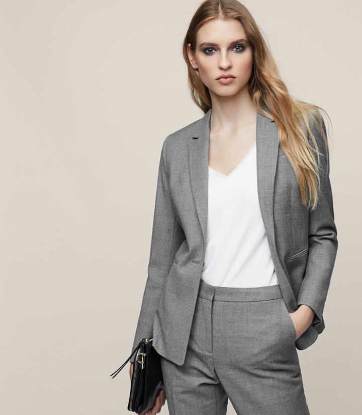 Reiss Austin Jacket - Longline Single-breasted Blazer In Grey, Womens, Size 2