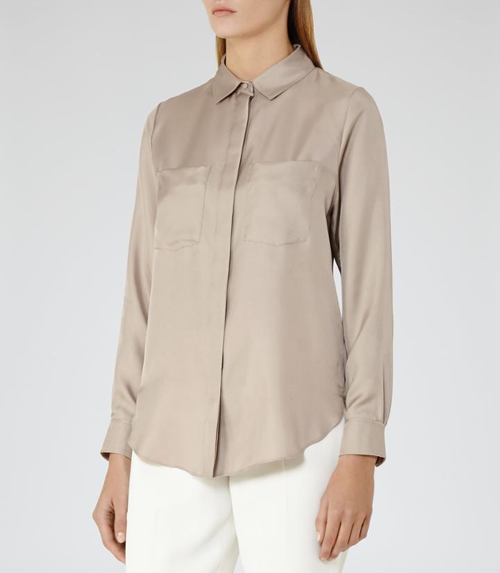 Reiss Meera - Womens Silk Pocket-front Shirt In Brown, Size 4