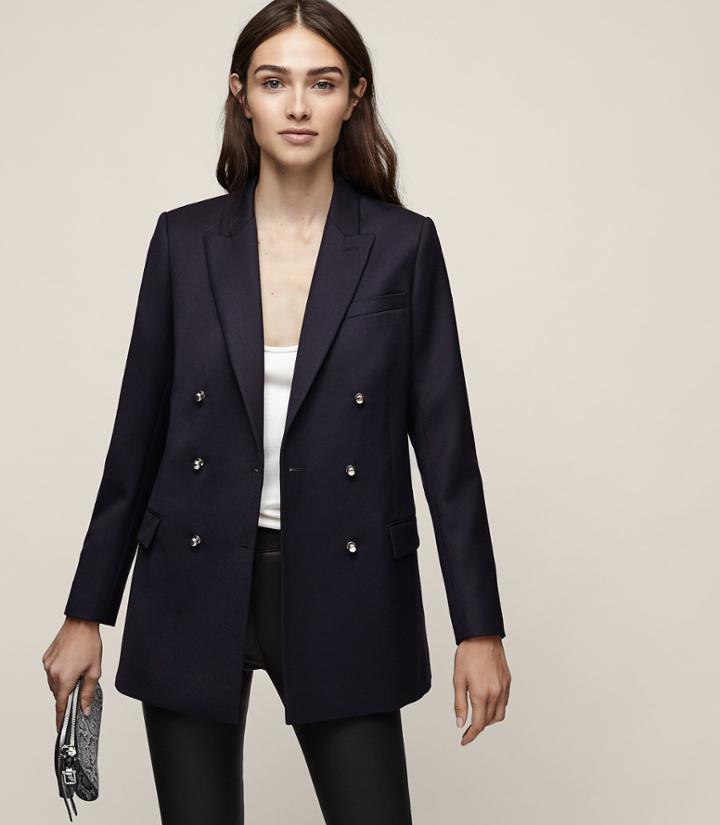 Reiss Mali - Double-breasted Longline Blazer In Blue, Womens, Size 2
