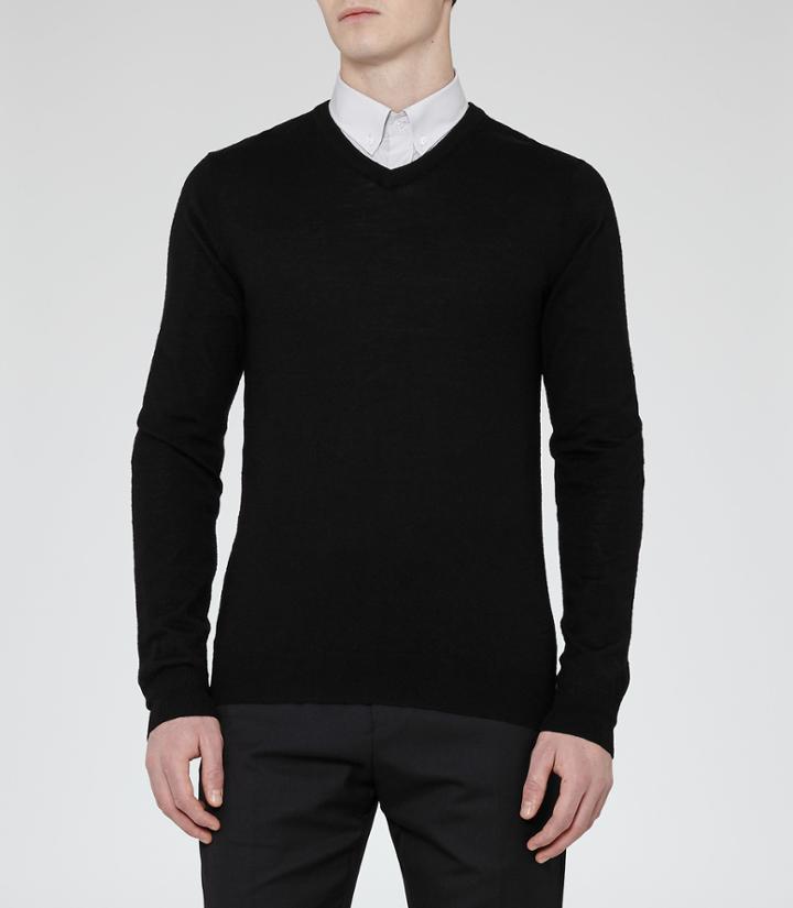 Reiss Emporer - Mens Merino V-neck Jumper In Black, Size M
