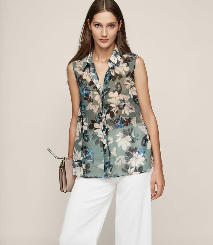 Reiss Tio - Printed Sleeveless Shirt In Green, Womens, Size 0