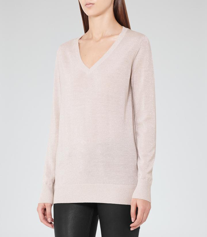Reiss Savona - Womens Metallic V-neck Jumper In White, Size 4