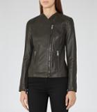 Reiss Rivington - Womens Collarless Leather Jacket In Green, Size 6
