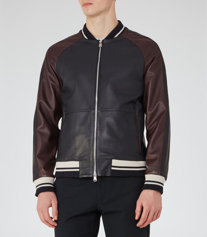 Reiss Pastourelle - Leather Stripe Bomber Jacket In Blue, Mens, Size S
