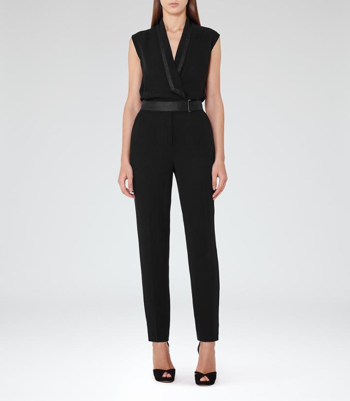 Reiss Era - Womens Satin-trim Jumpsuit In Black, Size 4