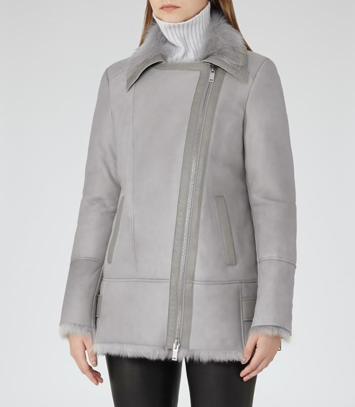 Reiss Nicole - Long-haired Shearling Coat In Grey, Womens, Size S