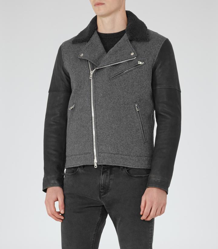Reiss Florentine - Mens Contrast Biker Jacket In Grey, Size Xs