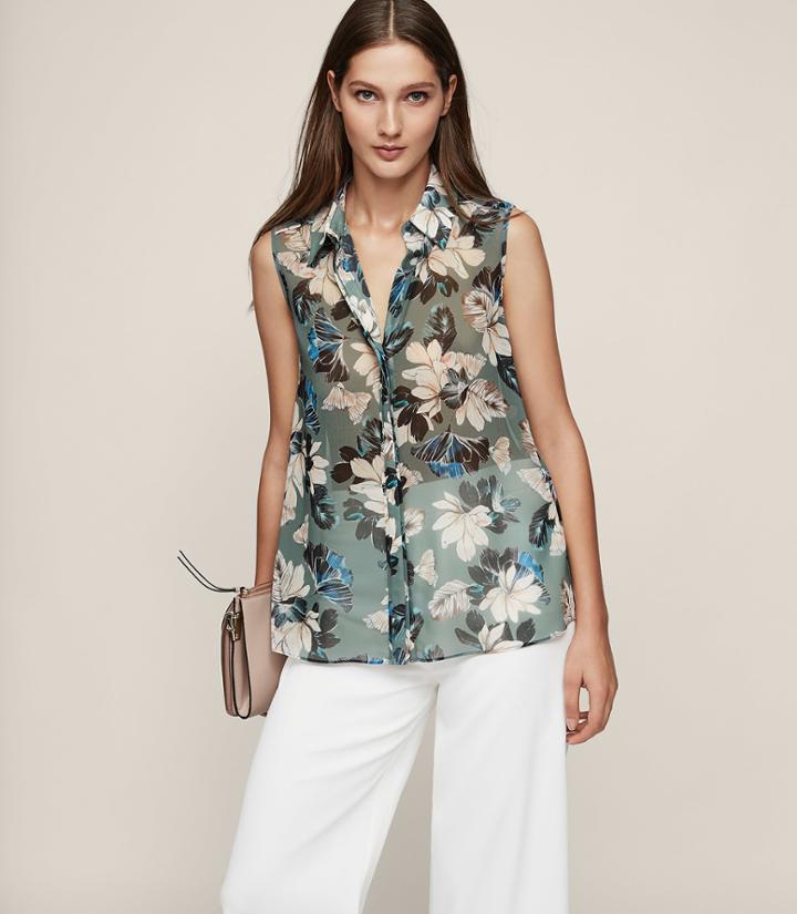 Reiss Tio - Printed Sleeveless Shirt In Green, Womens, Size 2