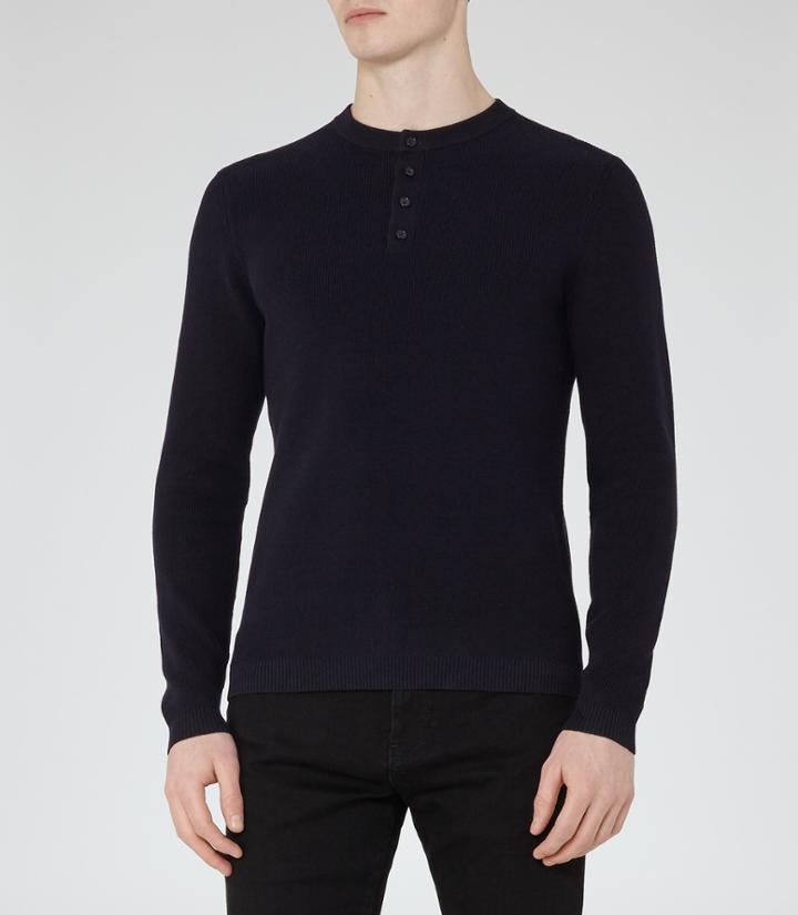 Reiss Harris - Button Collar Jumper In Blue, Mens, Size M