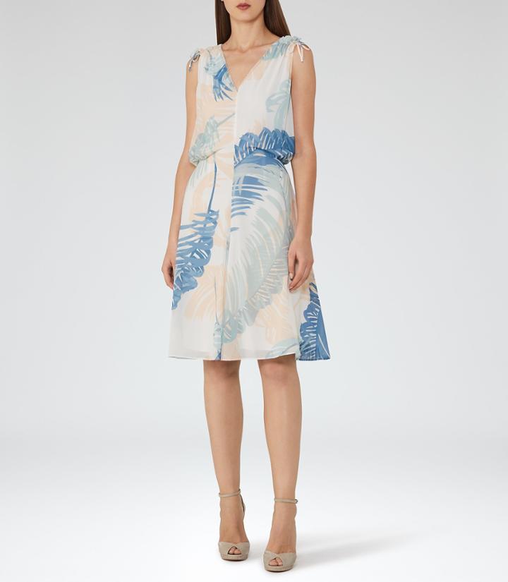 Reiss Asta - Printed Midi Dress In White, Womens, Size 2