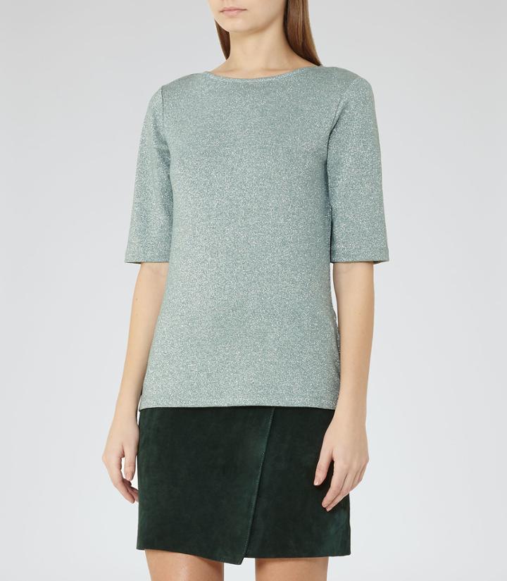 Reiss Joey - Metallic Short-sleeved Top In Green, Womens, Size Xs