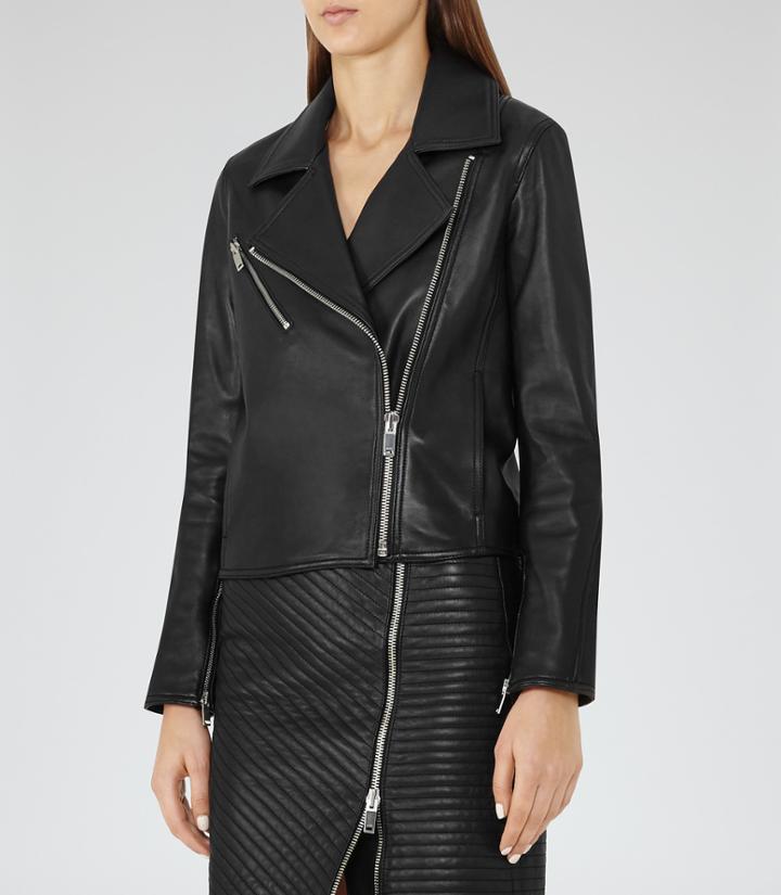 Reiss Brewer - Leather Biker Jacket In Black, Womens, Size 0