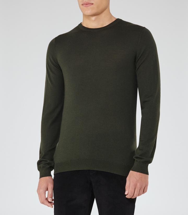 Reiss Hart - Mens Merino Crew Neck Jumper In Green, Size Xs