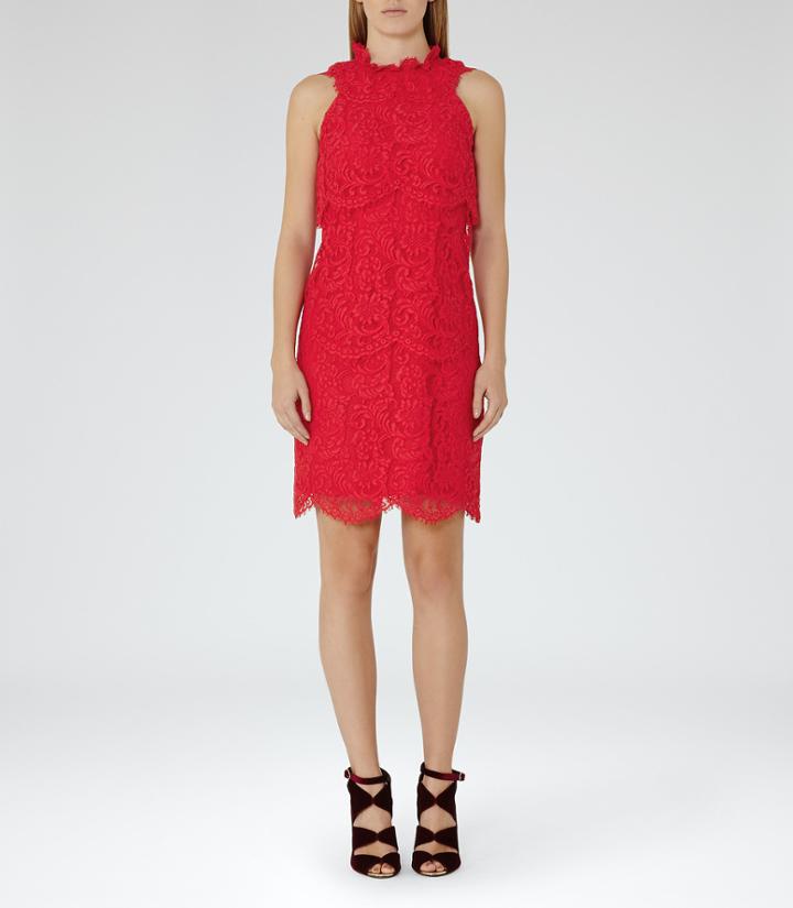 Reiss Sophia - Womens Tiered Lace Dress In Red, Size 4