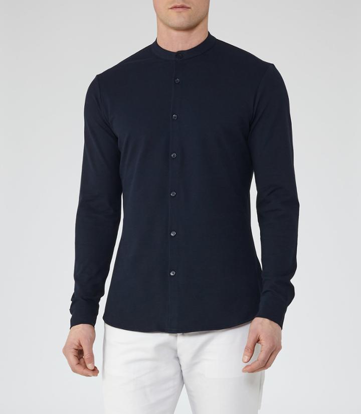 Reiss Harvey - Pique Grandad Collar Shirt In Blue, Mens, Size S