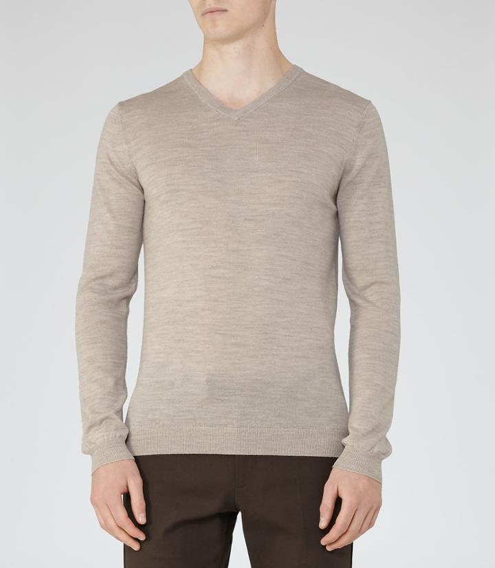Reiss Emporer - Mens Merino V-neck Jumper In Brown, Size S