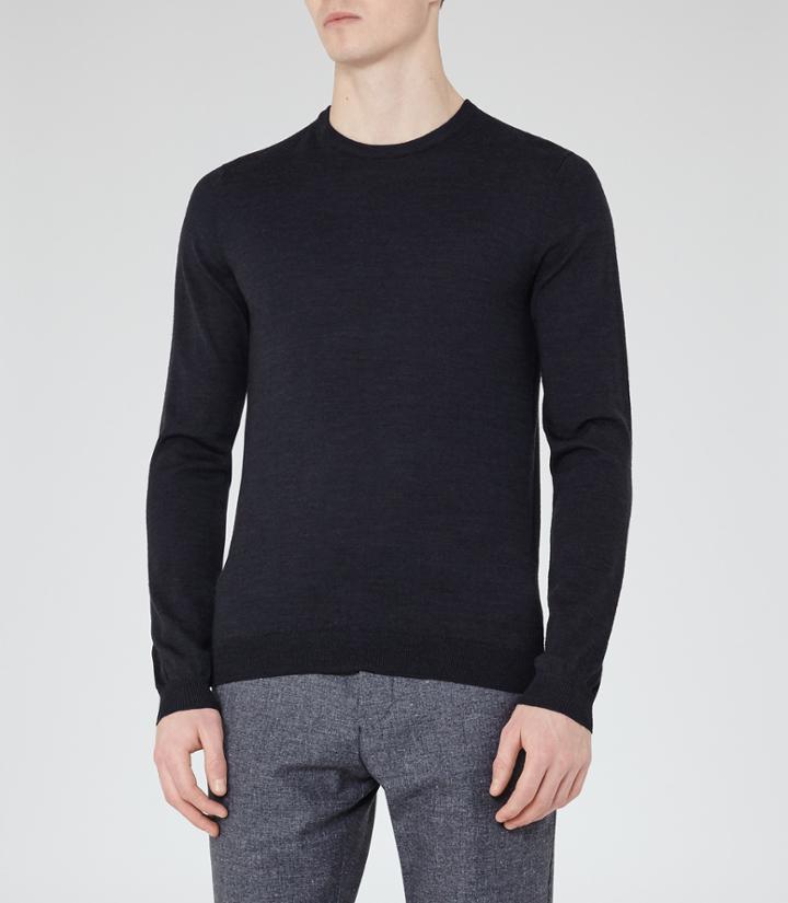 Reiss Hart - Merino Wool Crew-neck Jumper In Blue, Mens, Size Xs