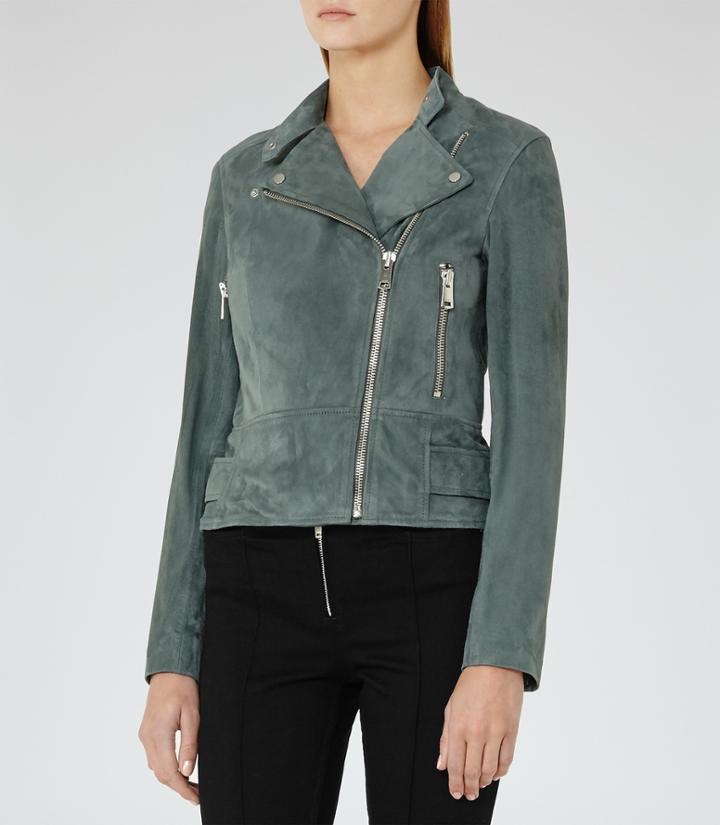 Reiss Grace - Suede Biker Jacket In Green, Womens, Size 4