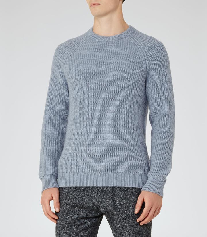 Reiss Jamie - Ribbed Crew-neck Jumper In Blue, Mens, Size Xs