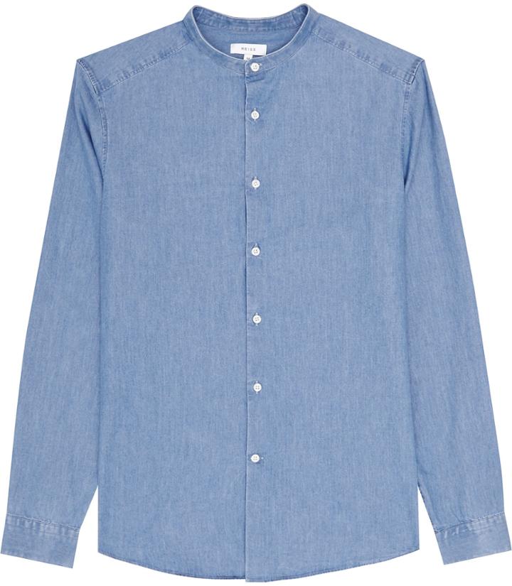 Reiss Atom - Mens Grandad Collar Denim Shirt In Blue, Size Xs