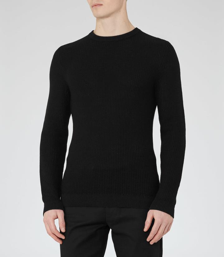 Reiss Windmill - Textured Crew Neck Jumper In Black, Mens, Size Xs