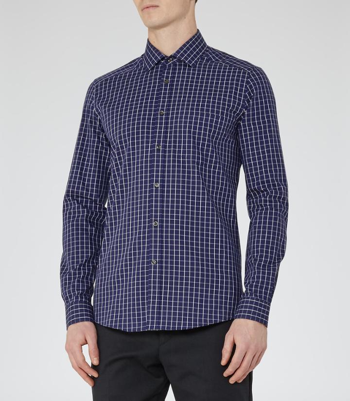 Reiss Madano - Mens Checked Cotton Shirt In Blue, Size Xs