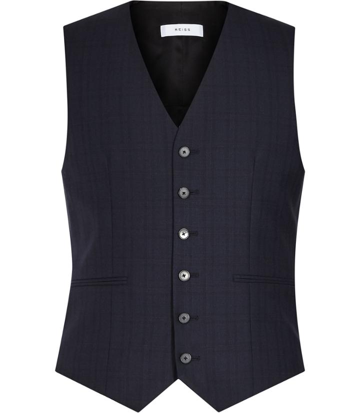 Reiss Baggio W - Mens Checked Wool Waistcoat In Blue, Size 36