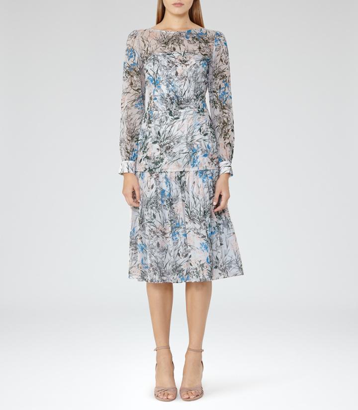 Reiss Nyla - Womens Printed Midi Dress In Blue, Size 6
