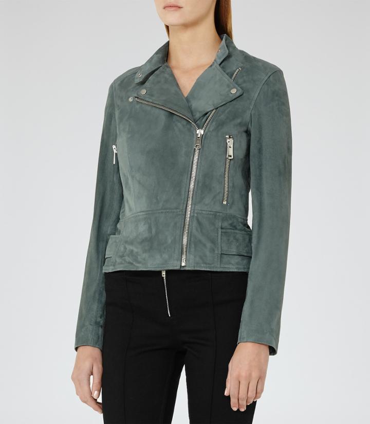Reiss Grace - Suede Biker Jacket In Green, Womens, Size 2