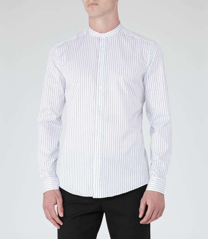 Reiss Bryce - Mens Stripe Grandad Collar Shirt In White, Size S