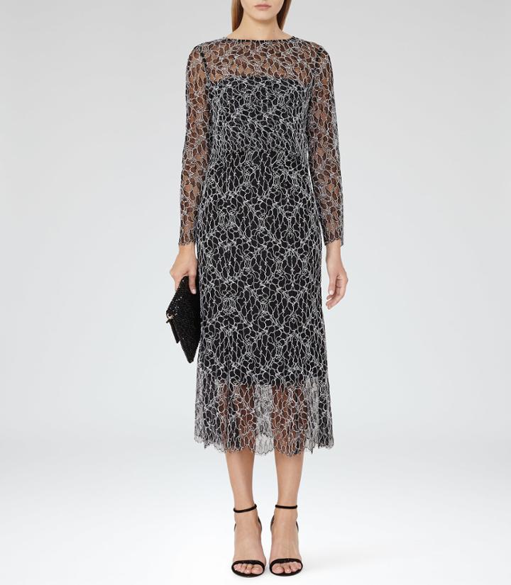 Reiss Maine - Womens Lace Midi Dress In Black, Size 6