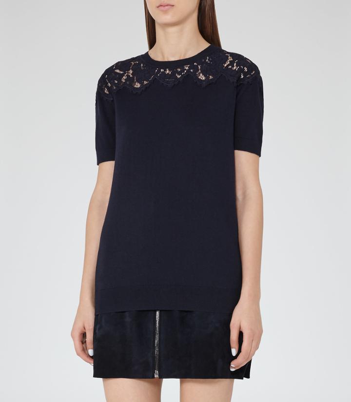 Reiss Dana - Womens Lace-top Knit In Blue, Size S