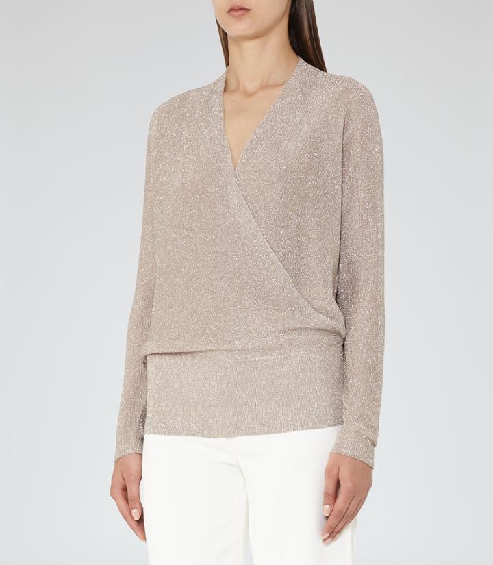 Reiss Lee - Womens Metallic Wrap-front Jumper In Pink, Size 4