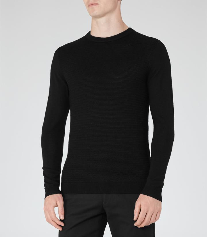 Reiss Romany - Textured Crew-neck Jumper In Black, Mens, Size Xs