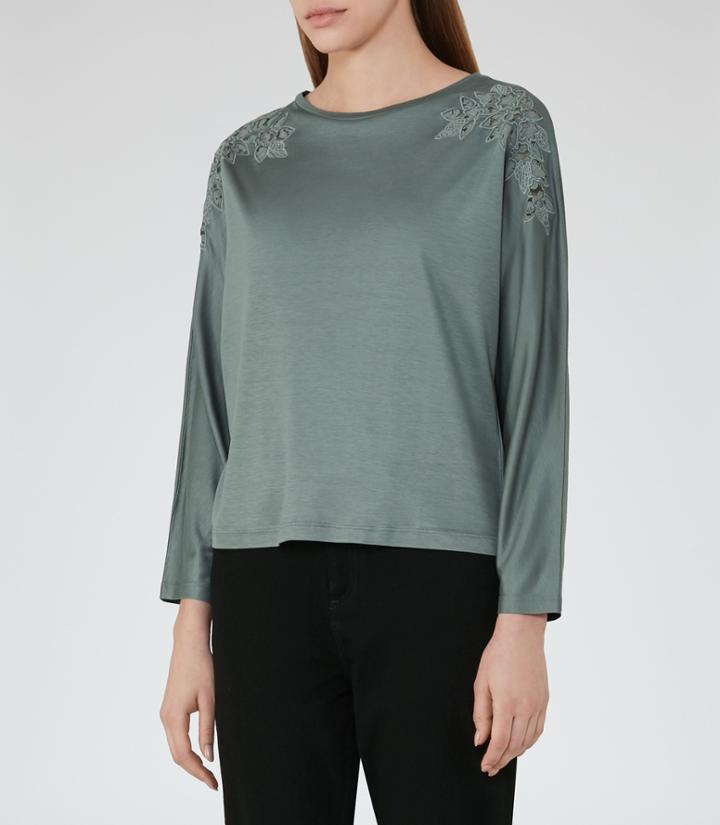 Reiss Ashleigh - Embroidery Detail Top In Green, Womens, Size S