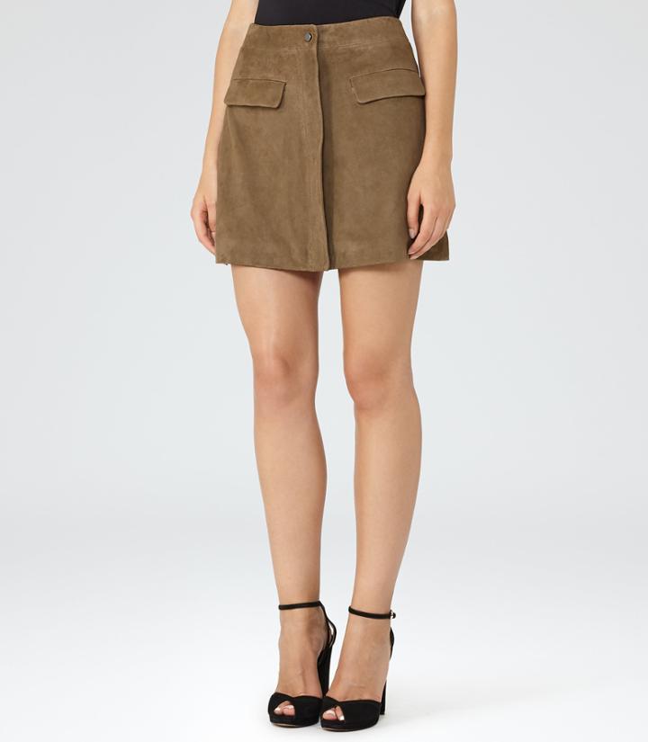 Reiss Marina - Pocket-detail Suede Skirt In Brown, Womens, Size 0