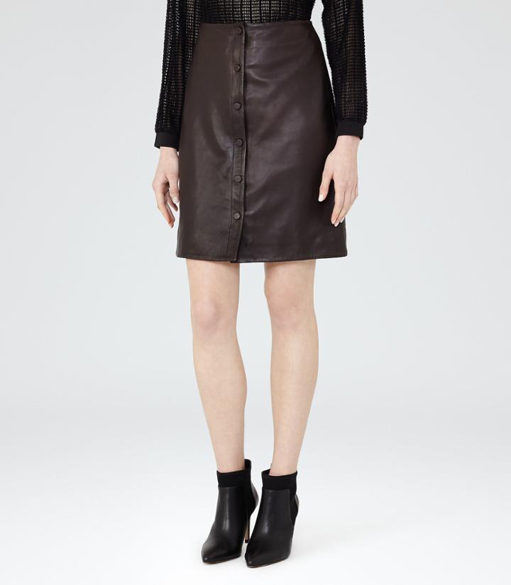 Reiss Penelope - Womens Button-front Leather Skirt In Grey, Size 6