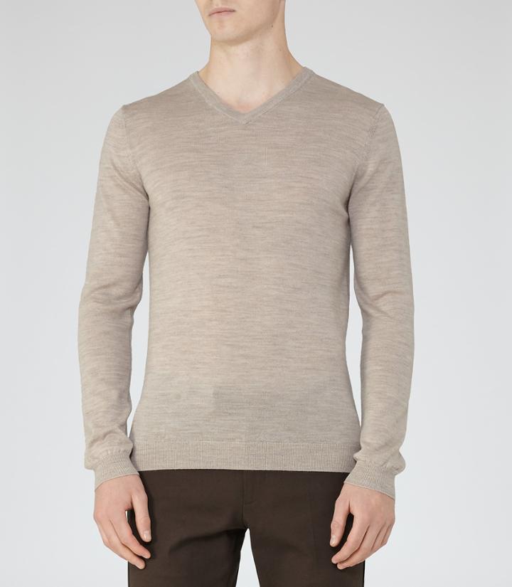 Reiss Emporer - Merino V-neck Jumper In Brown, Mens, Size S
