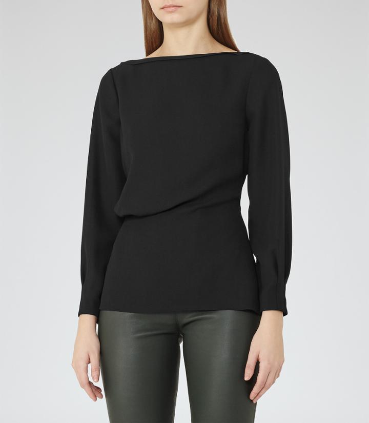 Reiss Nina - Draped Long-sleeved Top In Black, Womens, Size 0