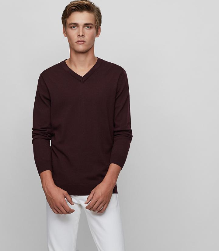 Reiss Earl - Merino Wool V-neck Jumper In Red, Mens, Size S