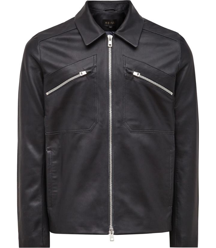 Reiss Jurassic - Mens Zip Detail Leather Jacket In Blue, Size Xs