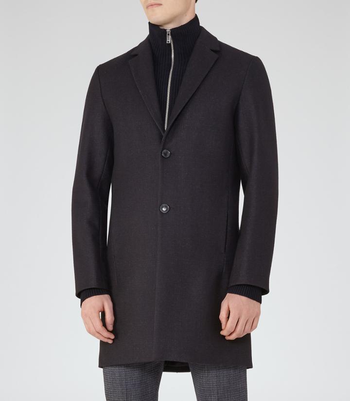 Reiss Bertie - Mens Tonal Check Overcoat In Blue, Size M