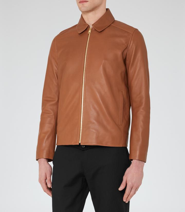 Reiss Dauphine - Mens Collared Leather Jacket In Brown, Size Xs