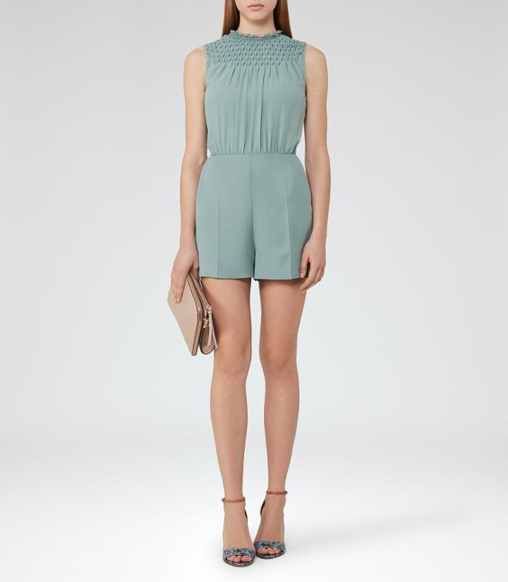 Reiss Arizona - Womens Smocking-detail Playsuit In Green, Size 4