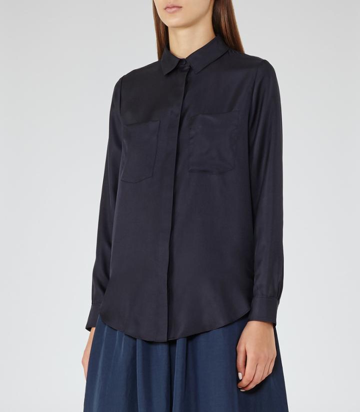 Reiss Meera - Silk Pocket-front Shirt In Blue, Womens, Size 2