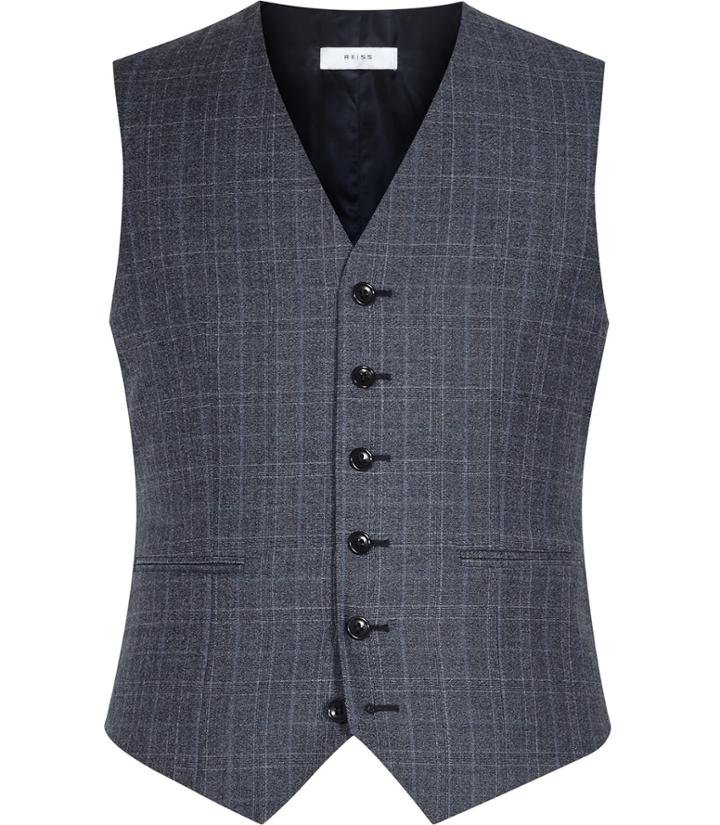 Reiss Monroe W - Mens Checked Wool Waistcoat In Blue, Size 36