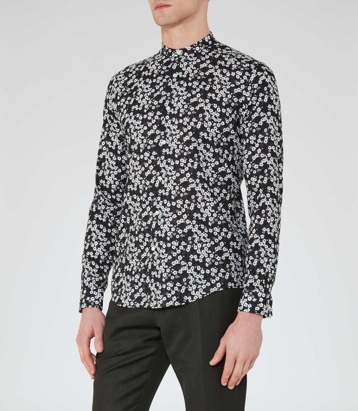 Reiss Mitzy - Mens Printed Grandad-collar Shirt In Black, Size Xs