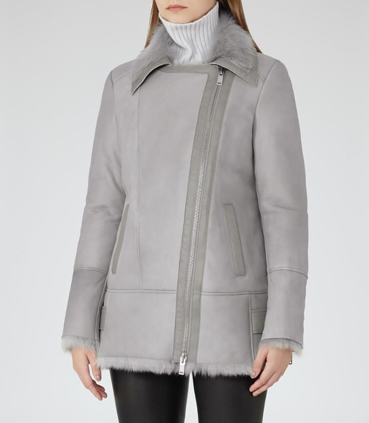 Reiss Nicole - Womens Long-haired Shearling Coat In Grey, Size S