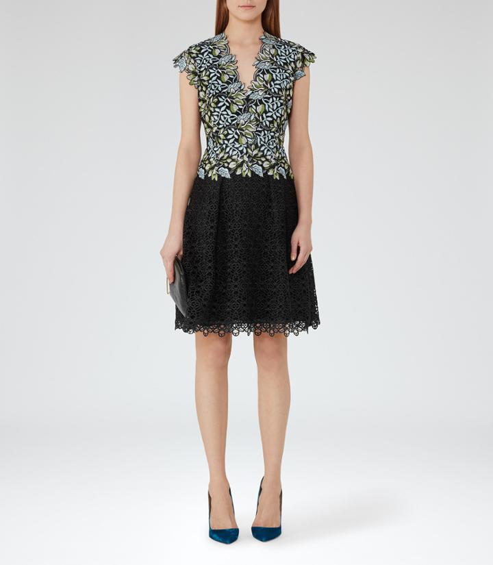 Reiss Idie - Lace And Embroidery Dress In Blue, Womens, Size 0